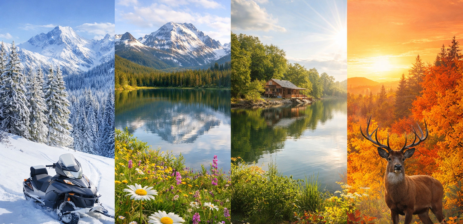 New York State year-round destinations shown across four seasons: winter snow, spring blooms, summer lakes, and autumn foliage